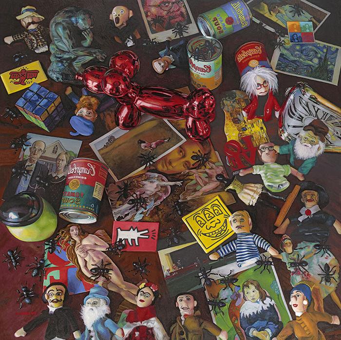 史蒂夫·舒林的静物画, 显示明信片, 罐头汤, 洋娃娃和其他各种各样的东西散落在桌面上